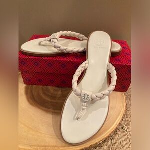 Tory‎ Burch Benton Benton Leather Thong Sandals White Sz-9